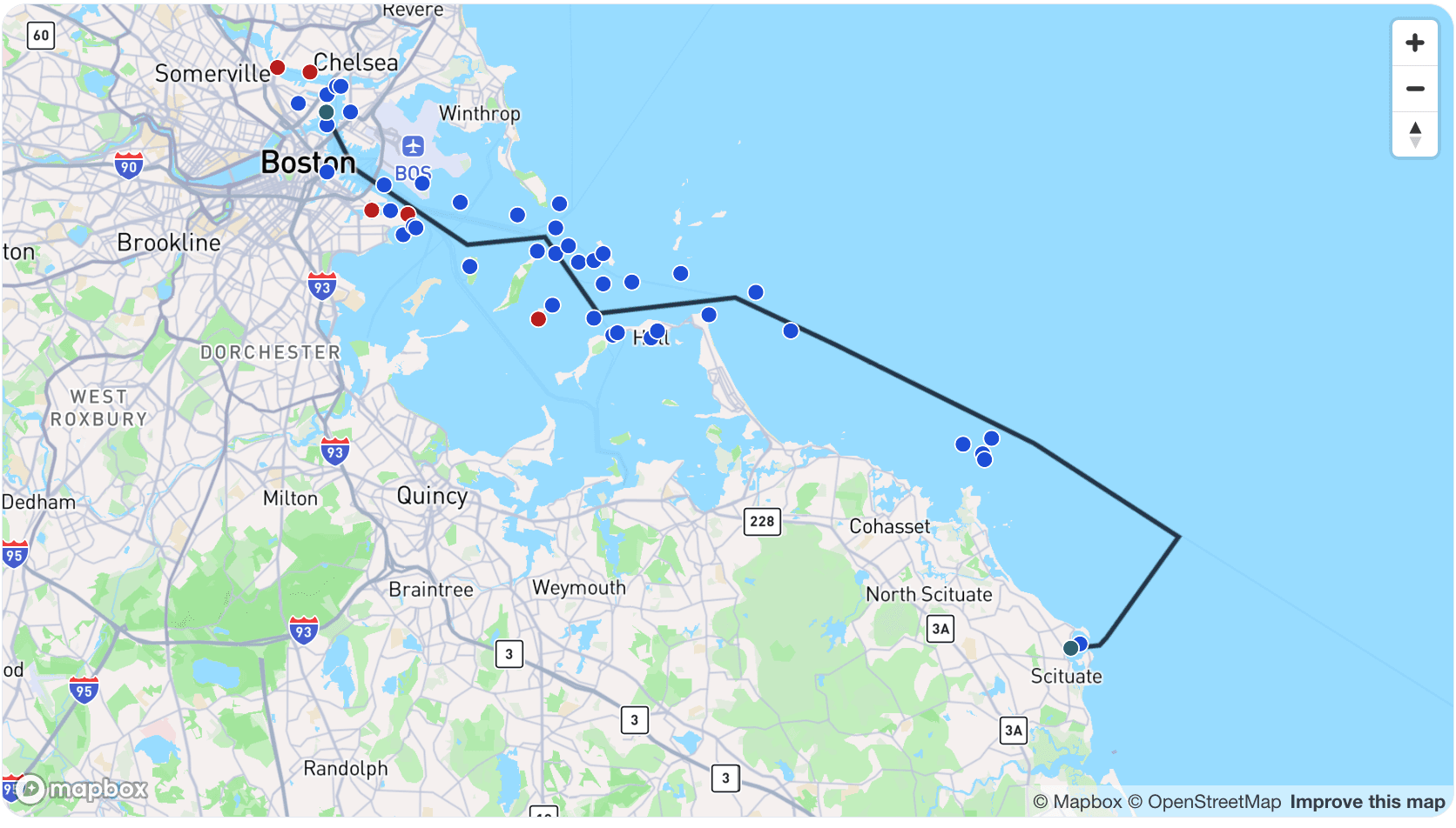 Stylized example map with a highlighted route and LNM markers.